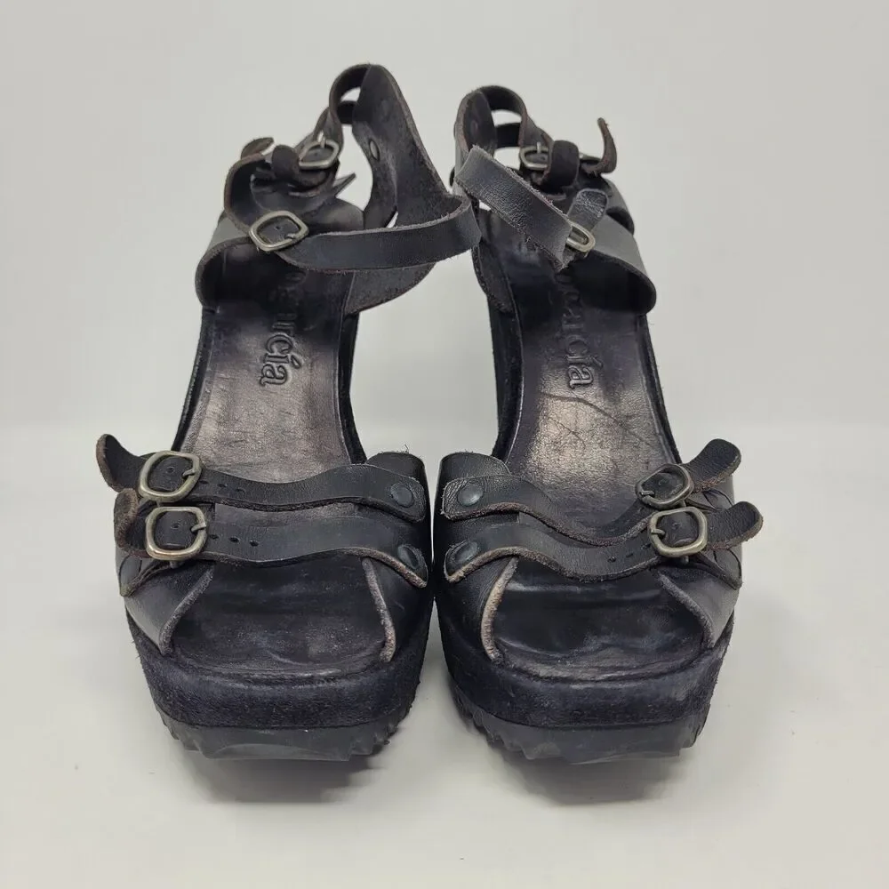 Pedro Garcia Sandals Womens US 8.5 Black Leather Wedge Boho Biker Rocker Buckles